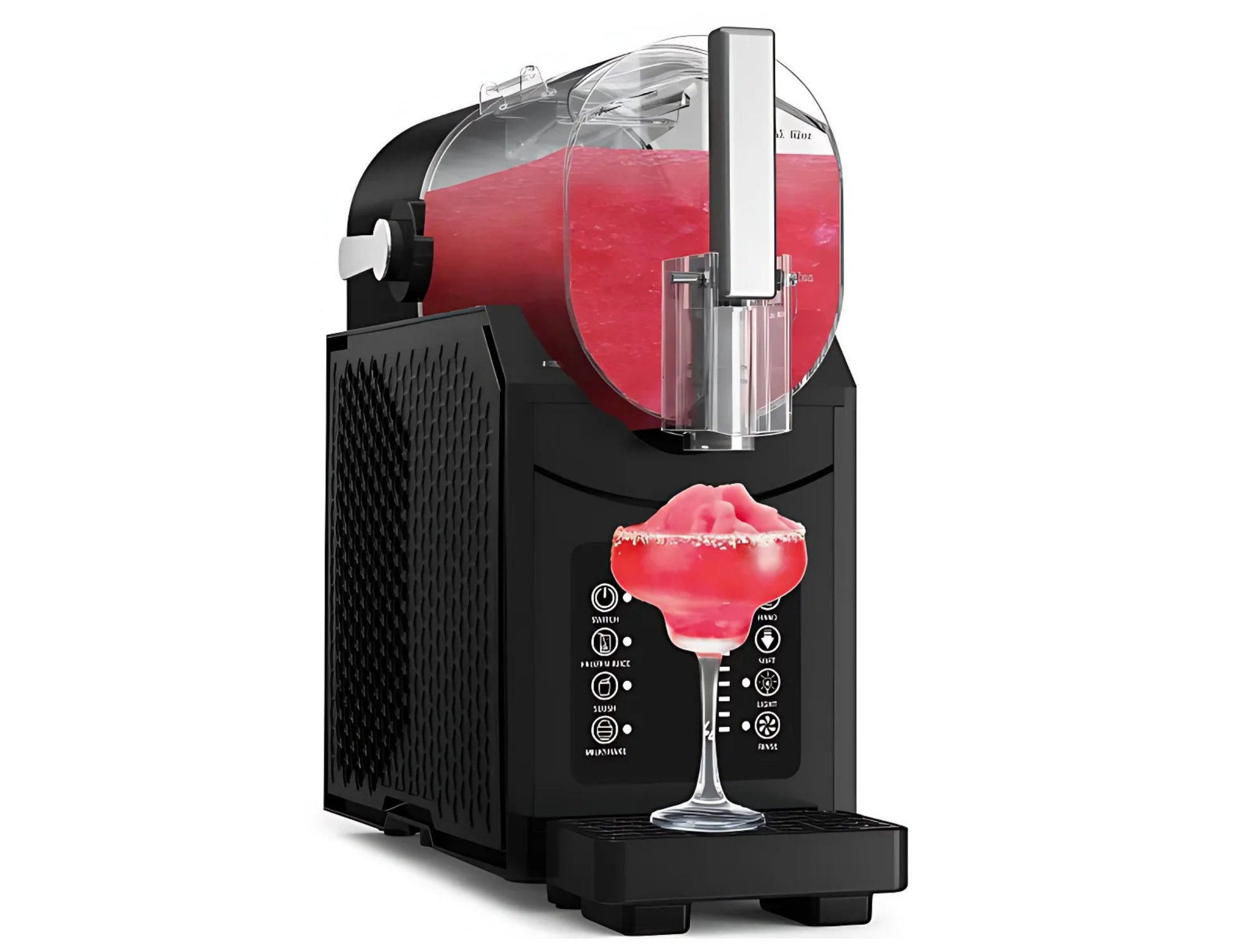 Black slushy machine with a glass of red slushie on a white background