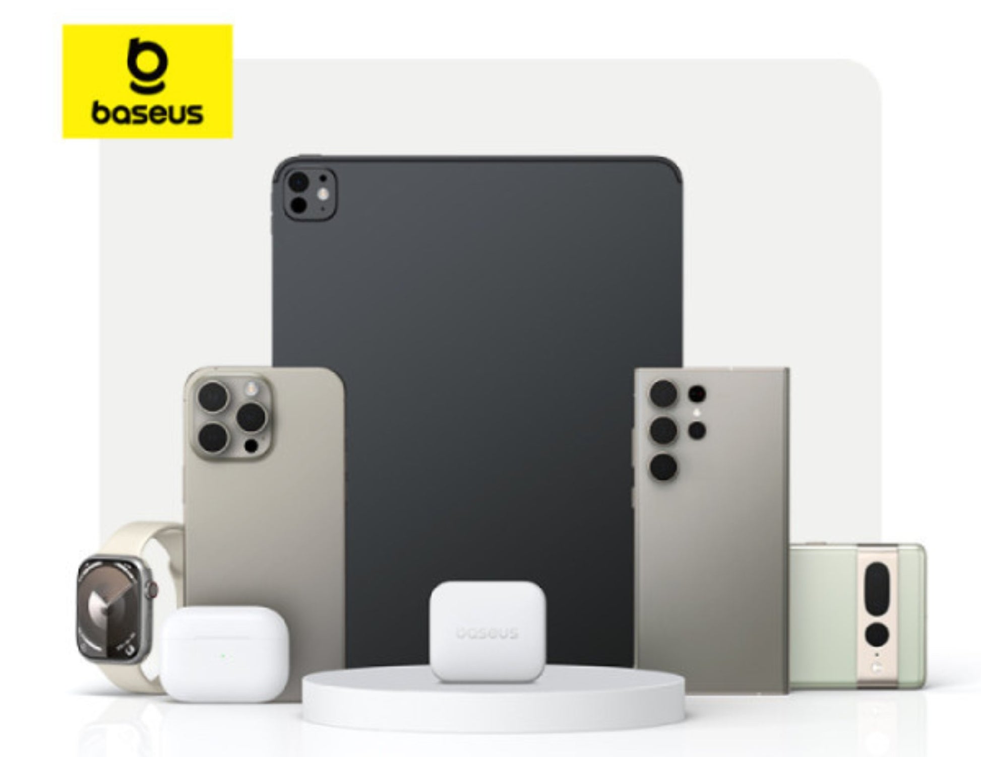 Collection of electronic devices including a tablet, smartphone, and smartwatch with Baseus branding.