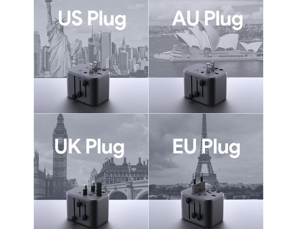 Four plug adapters with different sockets on a background of iconic landmarks.
