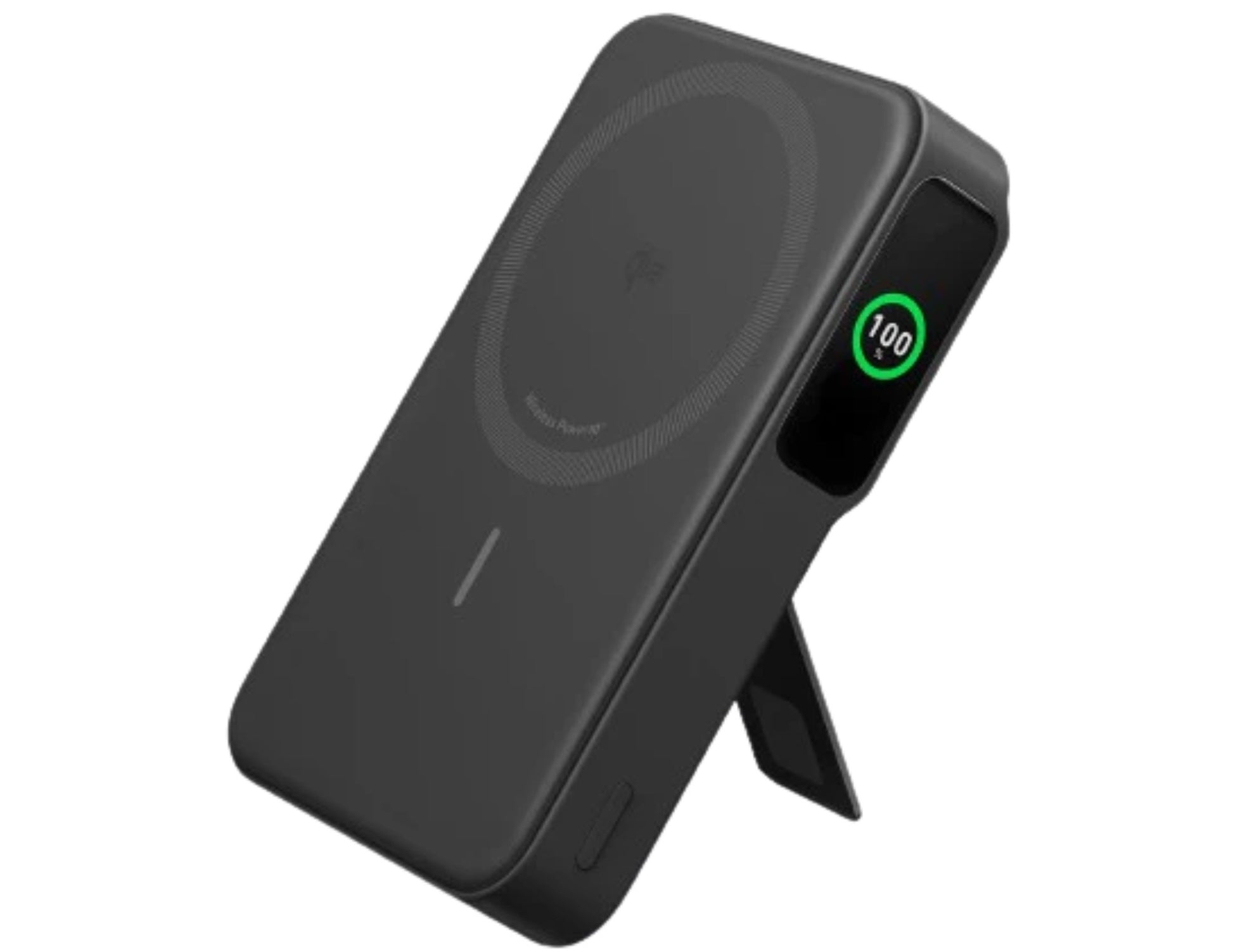Black wireless charging pad with digital display on a white background