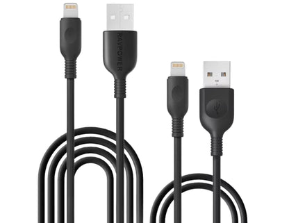 كابلات RAVPower RP-LC010 Lightning (عبوة من قطعتين) - كابلات شحن ومزامنة متينة بطول 3 أقدام + 6 أقدام