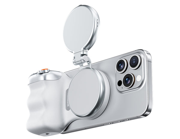 Smartphone with a camera module and mirror on a white background