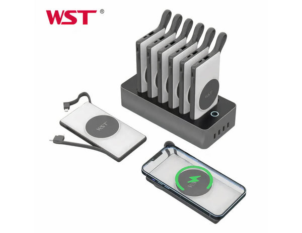 WST 6-IN-1 10000mAh Power Bank Docking Station – PB932W6M with multiple devices on a white background
