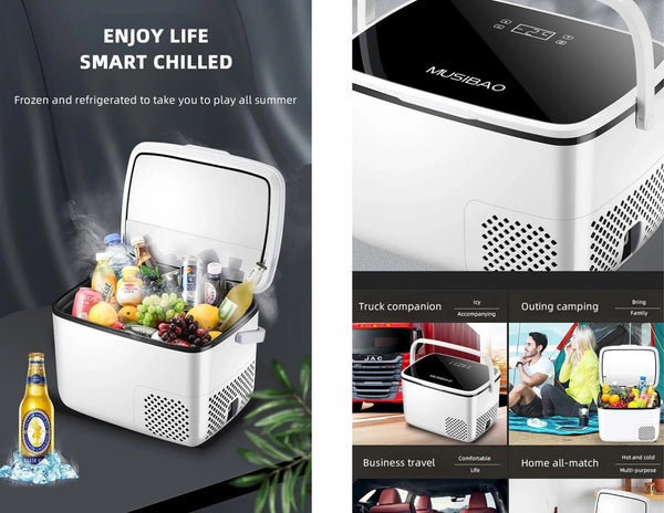 Portable cooler with food items and text 'Enjoy Life Smart Chilled' on a dark background