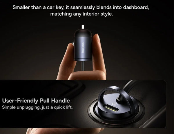 Car charger with pull handle held by a hand, displayed against a dark background.