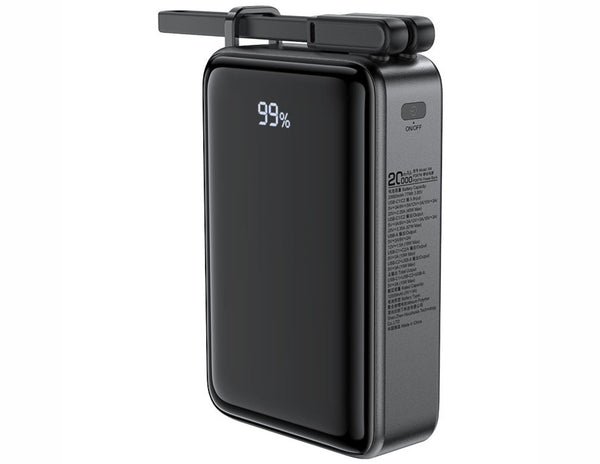Black power bank with digital display on a white background