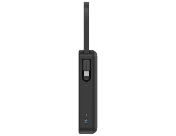 Black electronic device with a strap on a white background