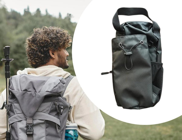 Man with a backpack in a forest setting, with a close-up of a black bag.