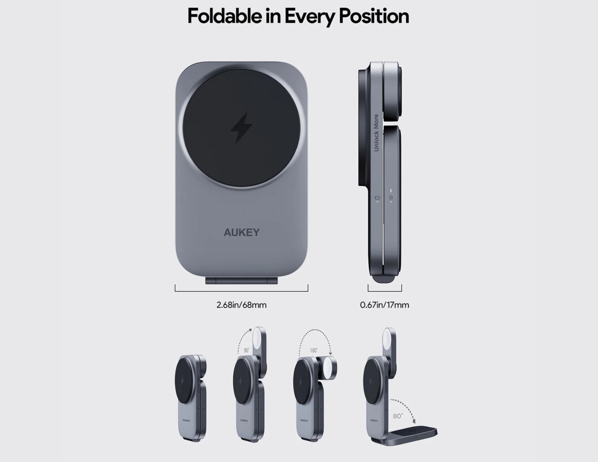 AUKEY wireless charging pad with multiple views and dimensions on a light gray background