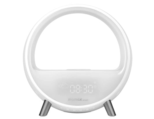 Momax Smart ZENSE IoT LED Clock with Wireless Charging – QC3SWWW with digital display on a white background