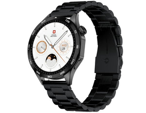 Black smartwatch with a detailed face on a white background