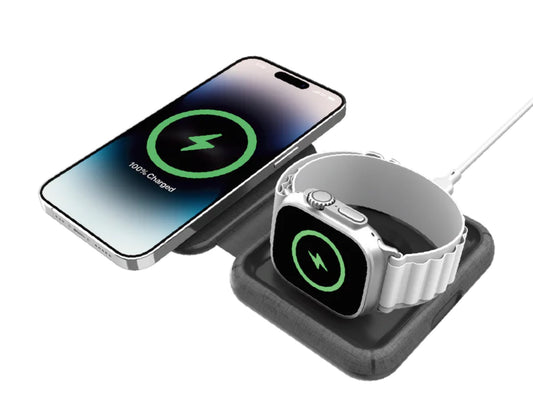 Momax Q.Mag Go 2‑in‑1 MagSafe Wireless Charger 20W – UD30MFIE with smartphone and smartwatch on a white background