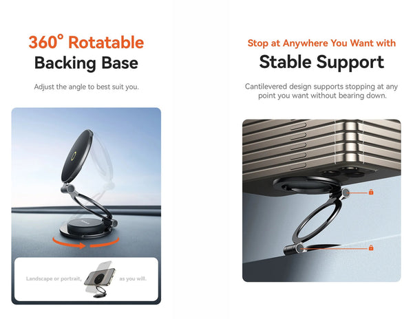 360-degree rotatable backing base with stable support features on a gray background