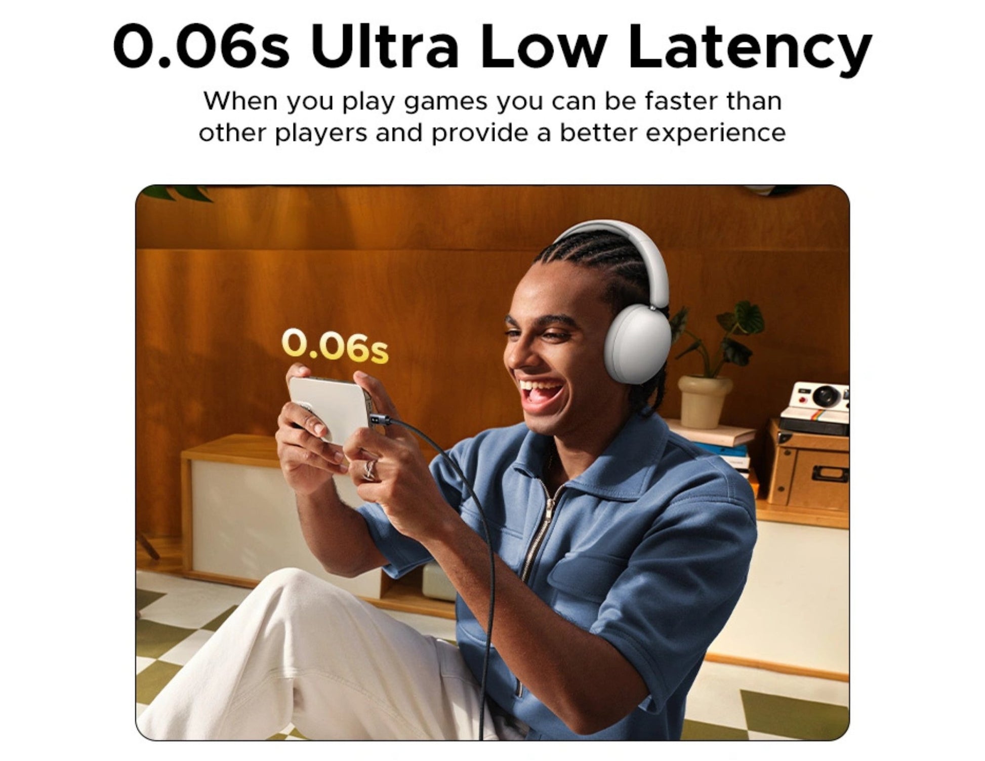 Person wearing UGREEN Studio Max2 Wireless Headphones HP205 (45018) playing a game with text about ultra low latency on a screen.