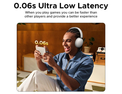 Person wearing UGREEN Studio Max2 Wireless Headphones HP205 (45018) playing a game with text about ultra low latency on a screen.