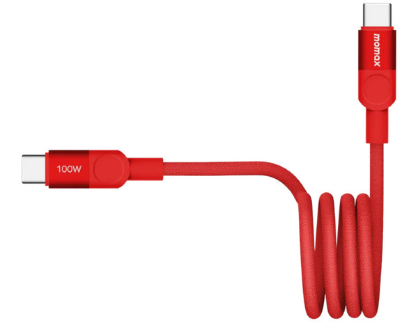 Red USB-C cable with a coiled design on a white background