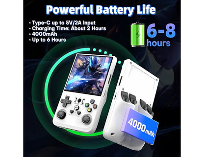 Handheld gaming console with battery pack and charging information on a dark background