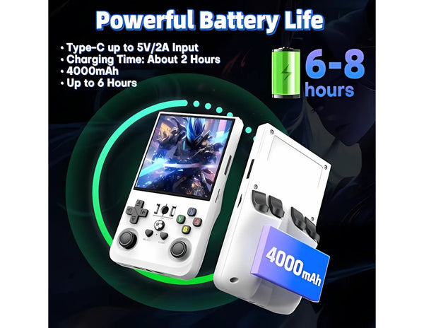 Handheld gaming console with battery pack and charging information on a dark background