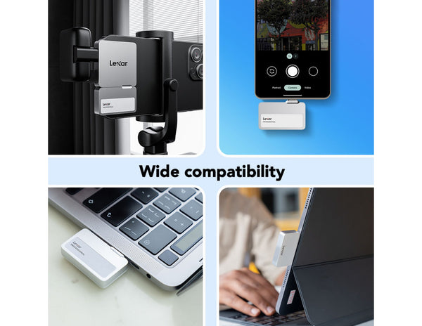 Collage of a Lexar device attached to a laptop, phone, and other devices with text 'Wide compatibility'.