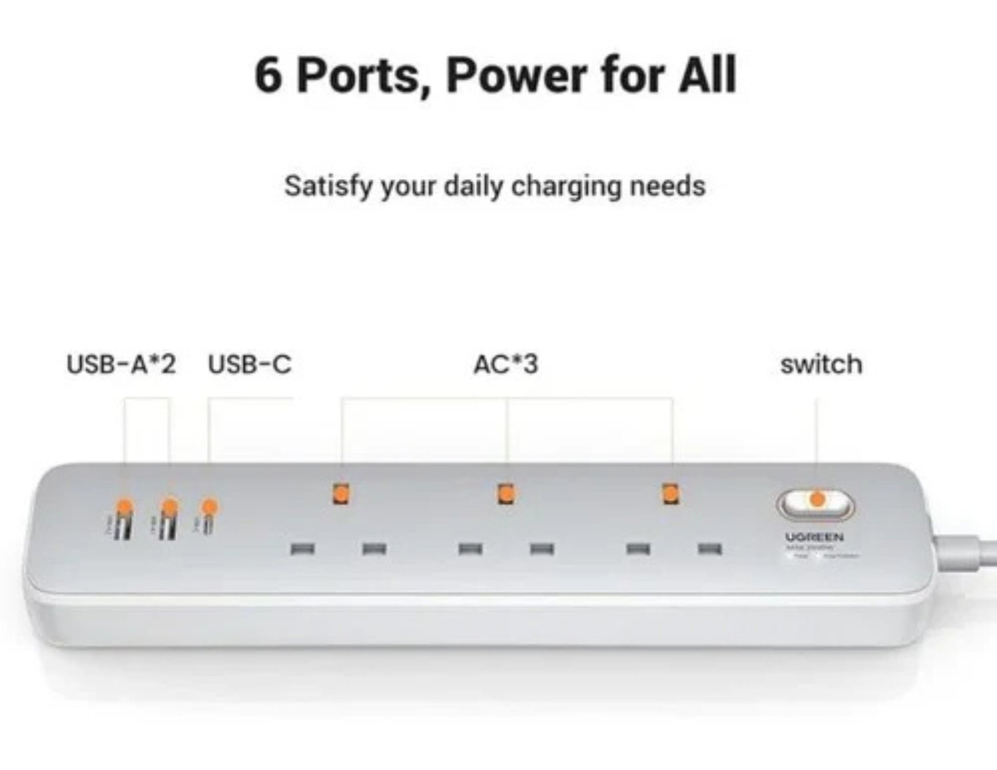 UGREEN 30W 3 AC Power Strip with Master Switch (2A1C) – CD286 on a white background