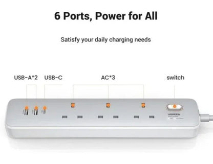 UGREEN 30W 3 AC Power Strip with Master Switch (2A1C) – CD286 on a white background