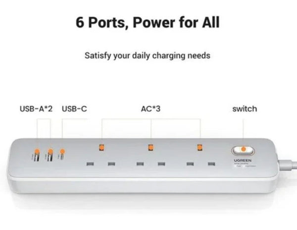 UGREEN 30W 3 AC Power Strip with Master Switch (2A1C) – CD286 on a white background