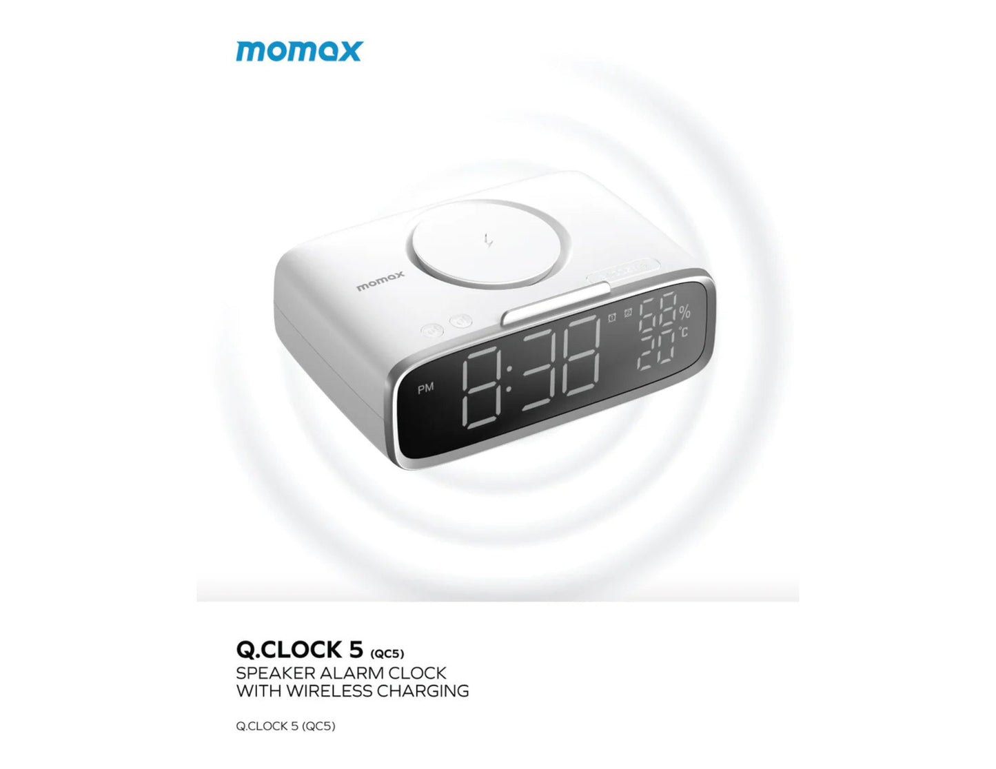 Speaker alarm clock with wireless charging feature by momax on a white background