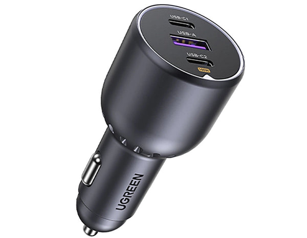 UGREEN 130W Car Charger EC705 - 2 USB-C + USB-A, PD 100W, QC 3.0 (Gray) on a white background