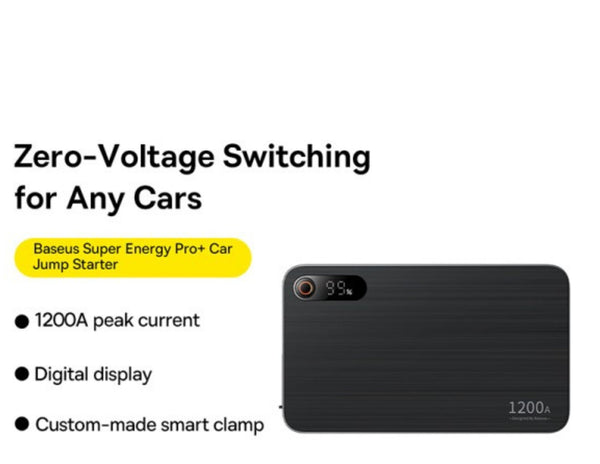 Car jump starter with digital display and text highlighting features on a white background