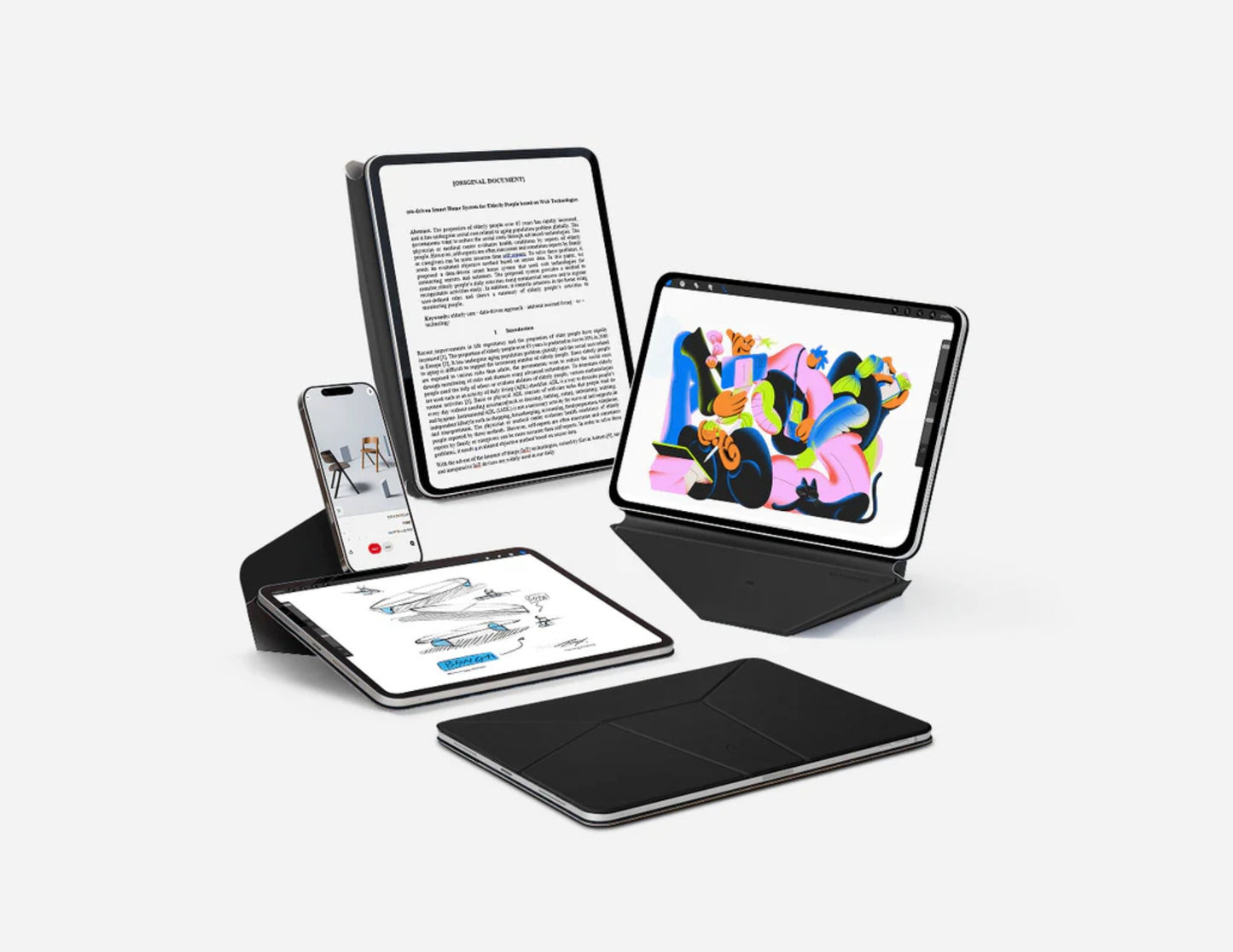 Multi-device setup with tablet, smartphone, and e-reader also a Moft Dynamic Folio Case for iPad Pro 13-inch (M4) on a white background