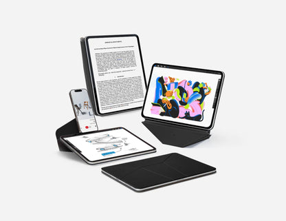 Multi-device setup with tablet, smartphone, and e-reader also a Moft Dynamic Folio Case for iPad Pro 13-inch (M4) on a white background