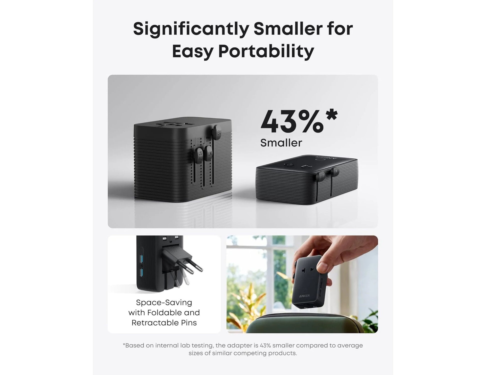 Black Anker Nano 5-in-1 20W Travel Adapter A9215311 with text highlighting portability and space-saving features on a white background.