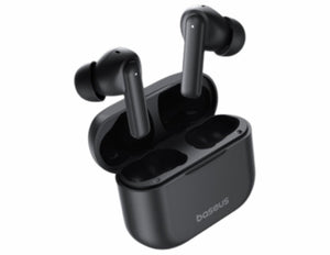 Black wireless earbuds with charging case on a white background, featuring the Baseus brand.