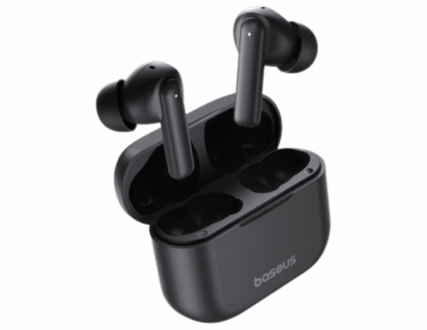Black wireless earbuds with charging case on a white background, featuring the Baseus brand.