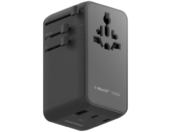 Black travel adapter with multiple sockets on a white background