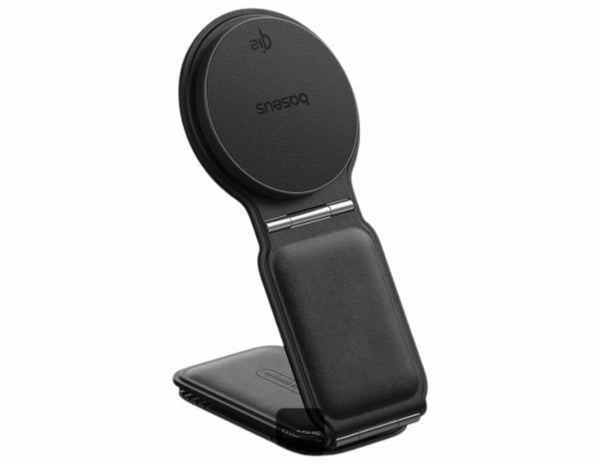 Black wireless charging stand with 'Sesq' branding on a white background