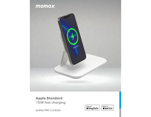 Phone on a charging stand with 'momax' branding on a gray background