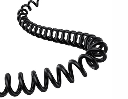Black coiled cable on a white background