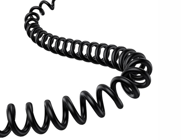 Black coiled cable on a white background