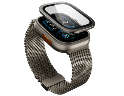 Smartwatch with mesh band and screen protector on a white background