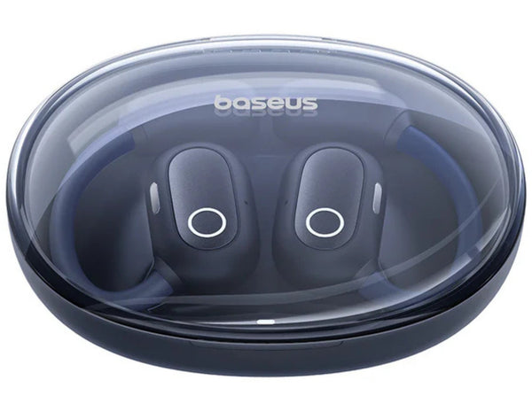 Baseus wireless earbuds in a transparent black case on a white background