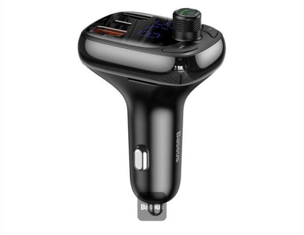 Black car charger with Bluetooth receiver on a white background