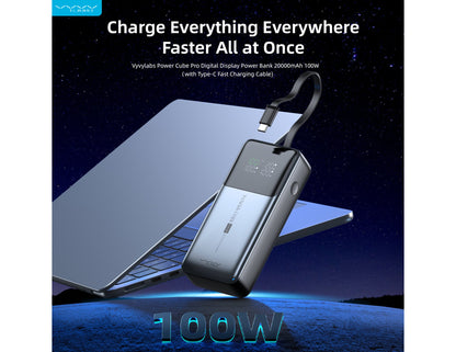 Vyvylabs Power Cube Pro Digital Display Power Bank 20000mAh 100W with Type-C Fast Charging Cable – VBQ10-TN with laptop on a space-themed background