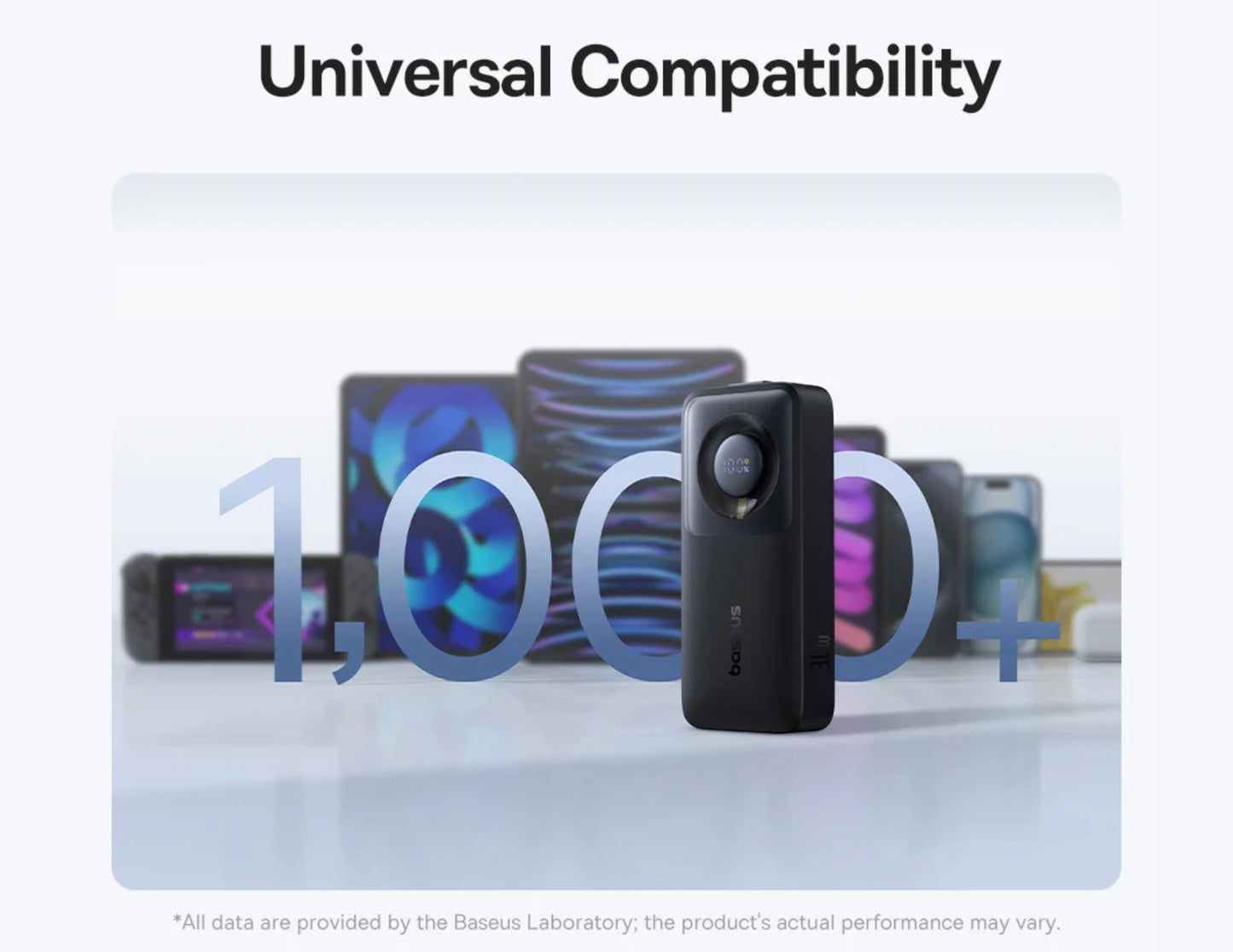 Product with text 'Universal Compatibility' and '1,000+ compatible devices' on a white background.