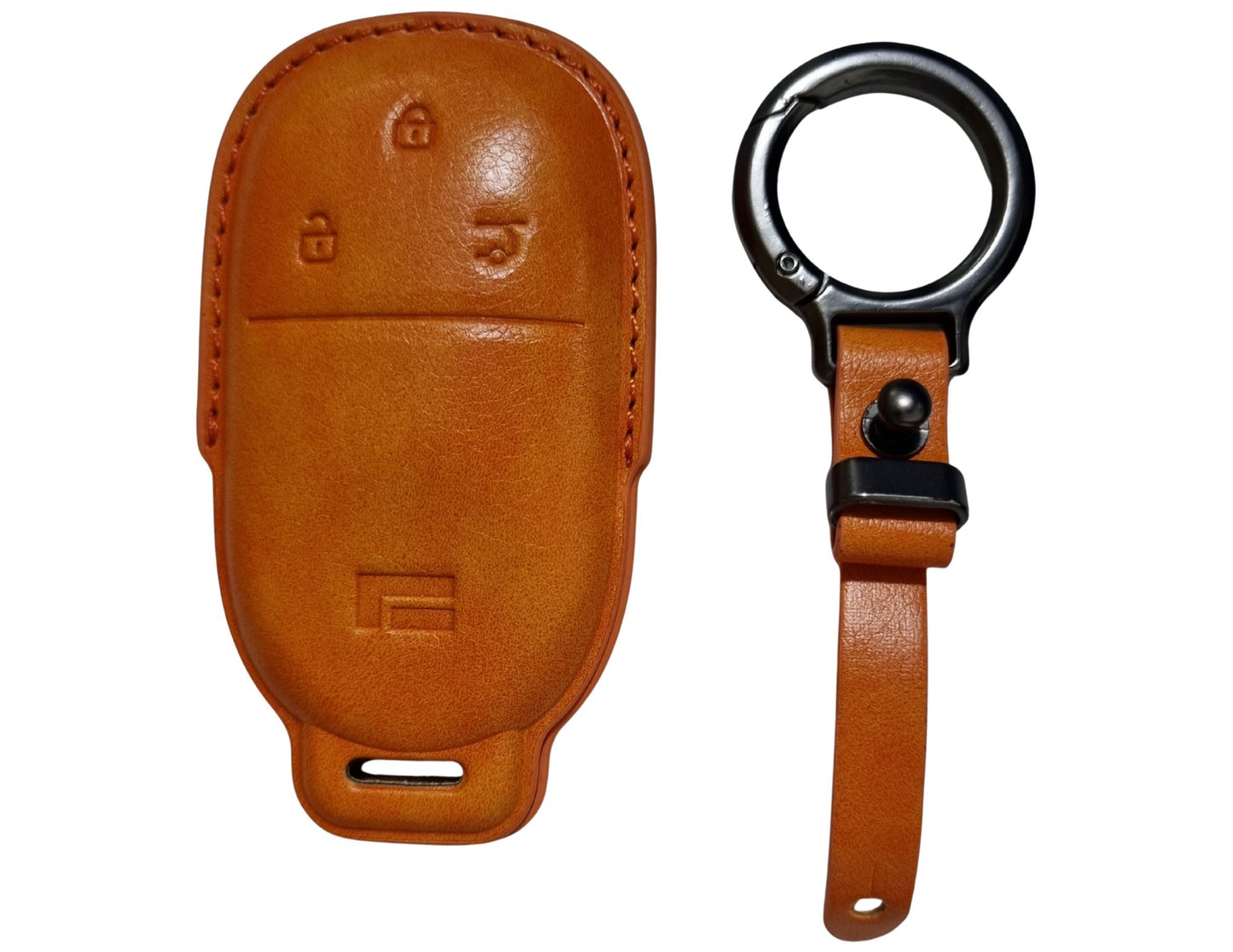 Brown Car Key Cover for Rox 01 – Alcantara or Leather with keychain attachment on a white background
