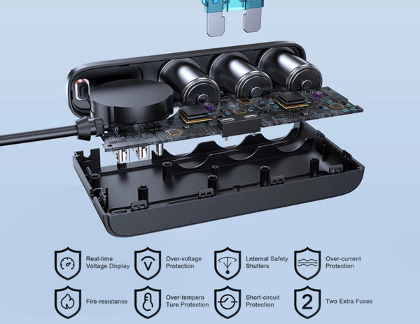 Electrical component with fuses and safety features on a light blue background