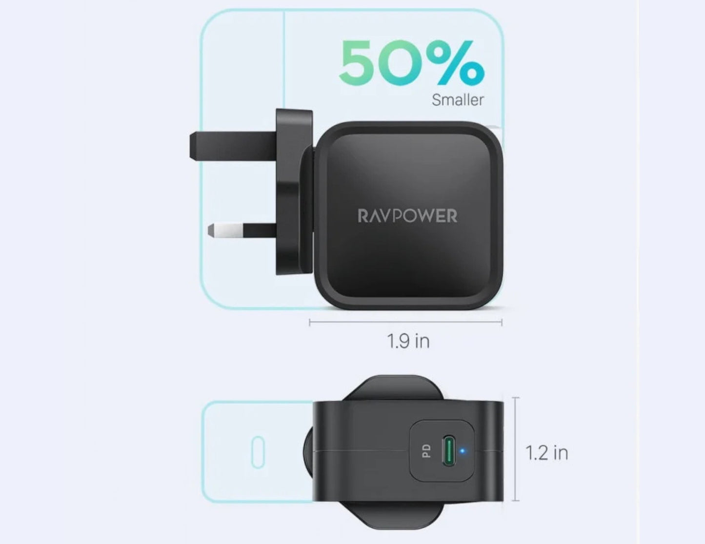 شاحن حائط RAVPower PD Pioneer 61W GaN - RP-PC112 أسود، قابس المملكة المتحدة