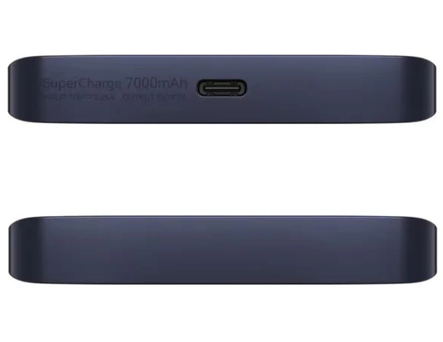 Navy blue power bank with charging port on a white background
