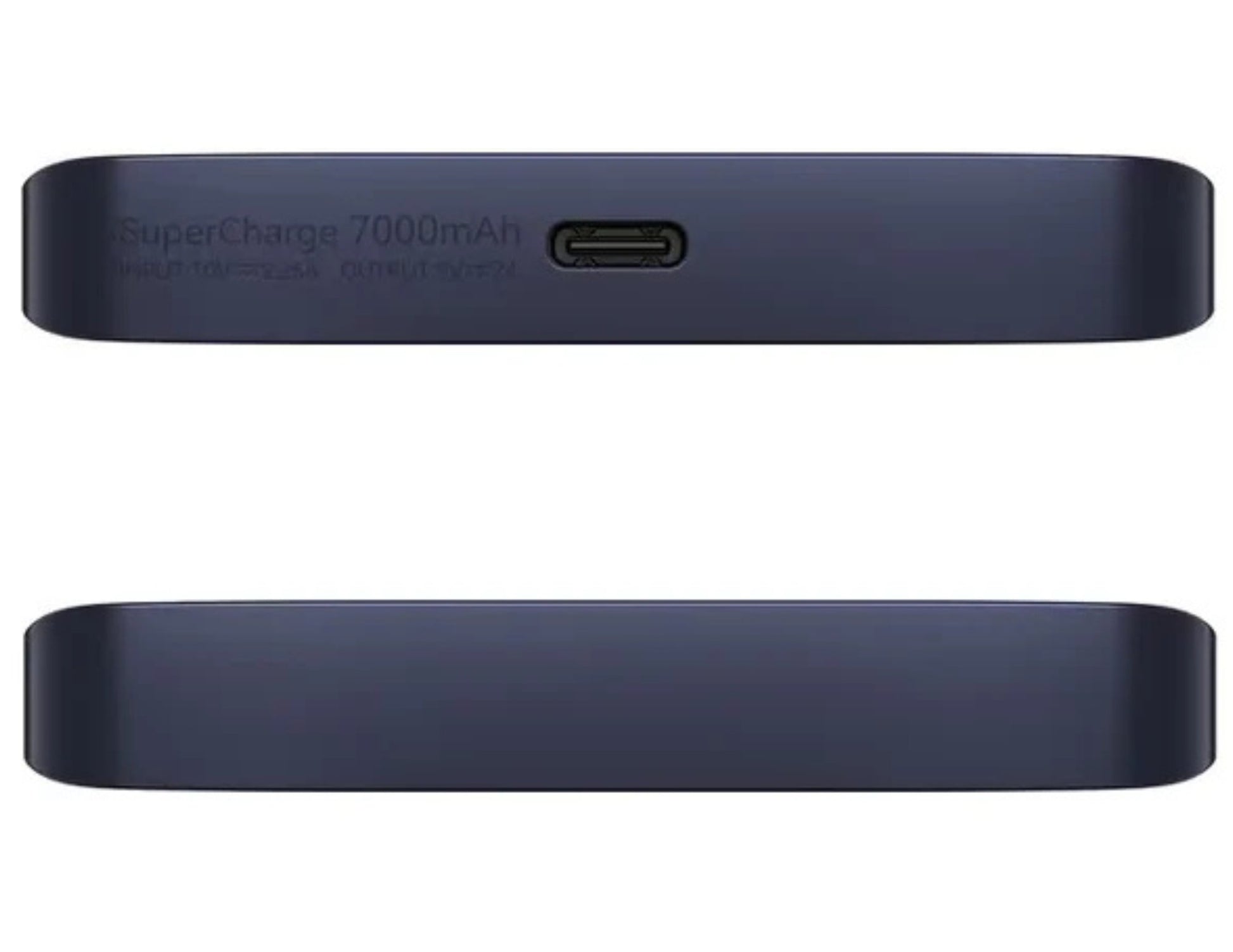 Navy blue power bank with charging port on a white background