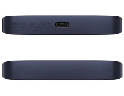 Navy blue power bank with charging port on a white background